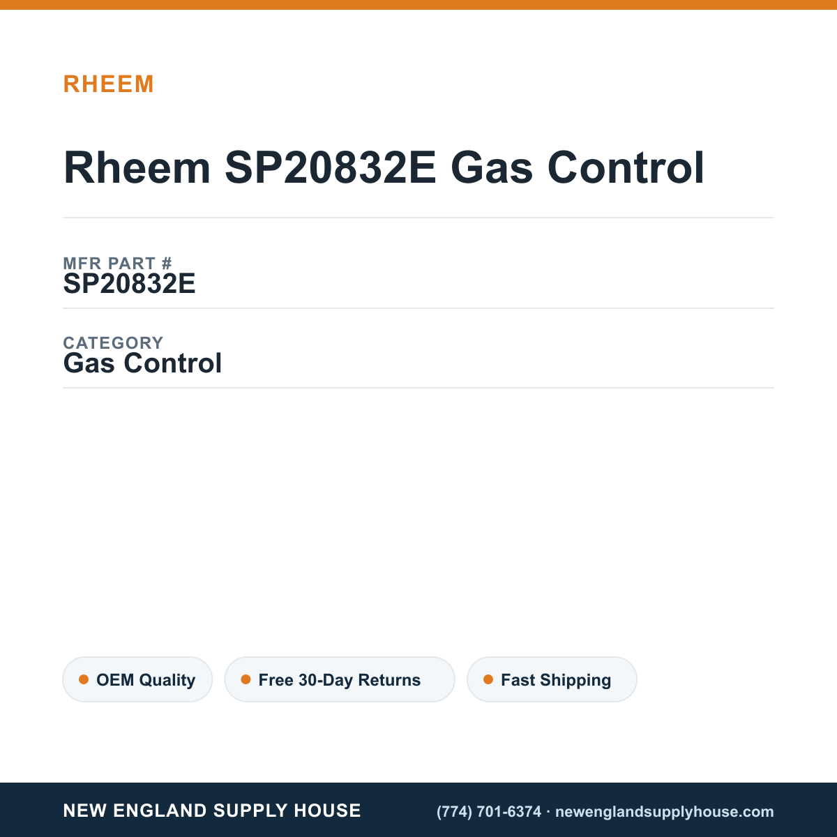 Rheem SP20832E Gas Control — New England Supply House spec card [NESH-SPEC-CARD-V2]