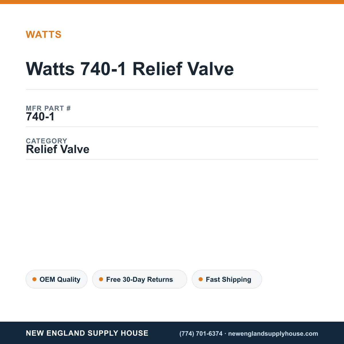 Watts 740-1 Relief Valve — New England Supply House spec card [NESH-SPEC-CARD-V2]