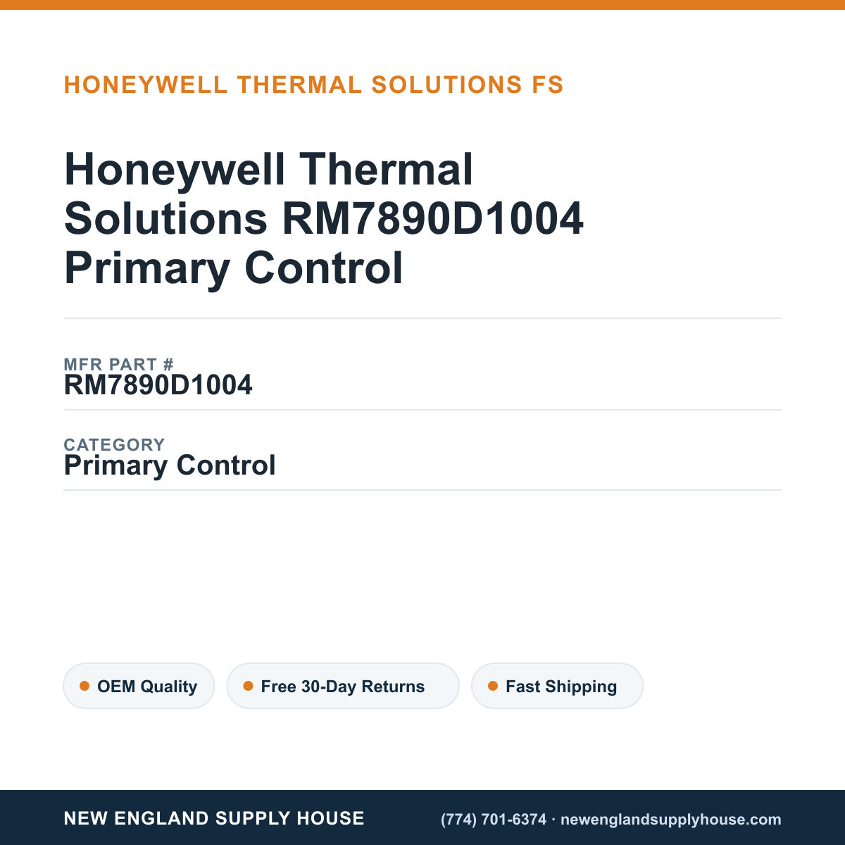 Honeywell Thermal Solutions RM7890D1004 Primary Control — New England Supply House spec card [NESH-SPEC-CARD-V2]