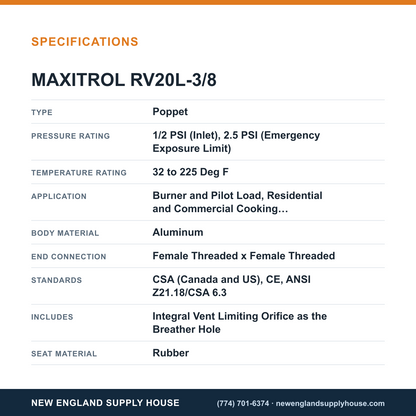 Maxitrol RV20L-3/8 Gas Pressure Regulator specifications — New England Supply House [NESH-SPECTABLE-V1]