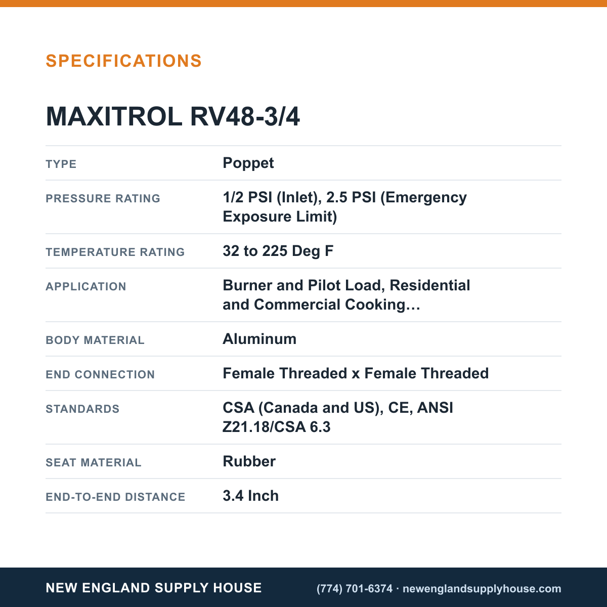 Maxitrol RV48-3/4 Gas Pressure Regulator specifications — New England Supply House [NESH-SPECTABLE-V1]