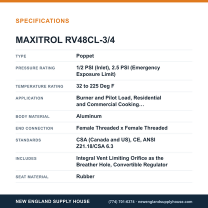 Maxitrol RV48CL-3/4 Gas Pressure Regulator specifications — New England Supply House [NESH-SPECTABLE-V1]
