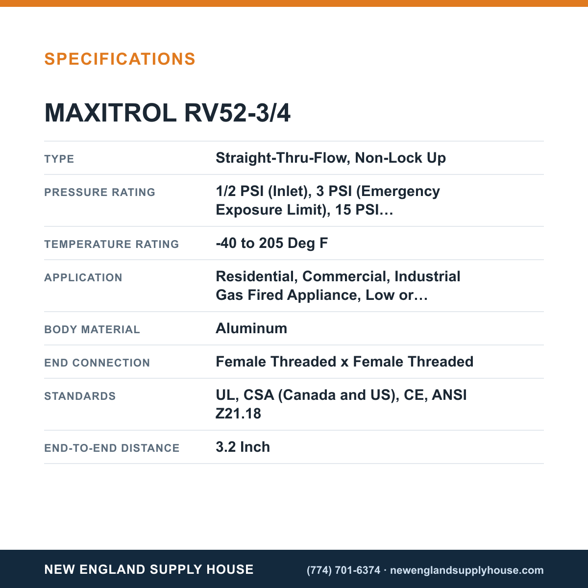 Maxitrol RV52-3/4 Gas Pressure Regulator specifications — New England Supply House [NESH-SPECTABLE-V1]