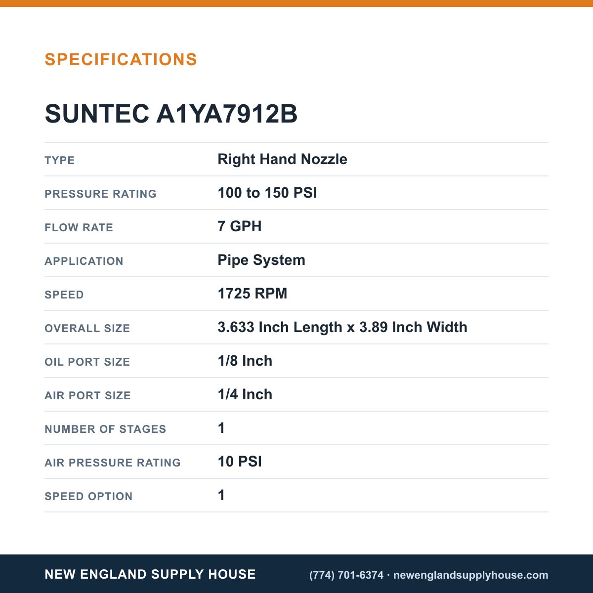 SunTec A1YA7912B Fuel Pump specifications — New England Supply House [NESH-SPECTABLE-V1]