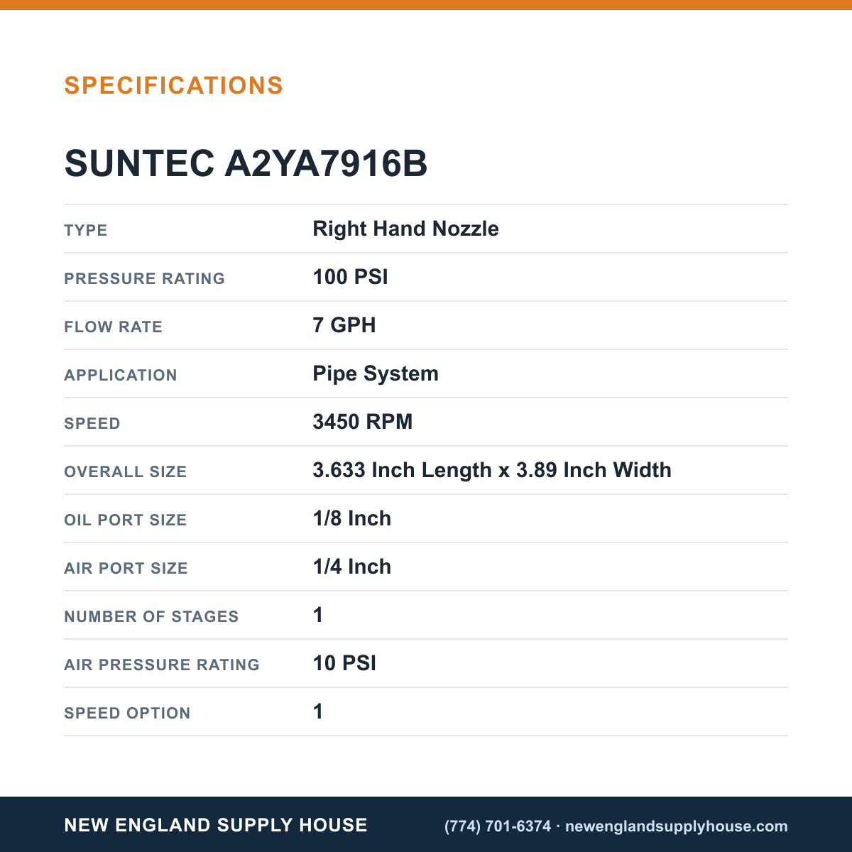 SunTec A2YA7916B Fuel Pump specifications — New England Supply House [NESH-SPECTABLE-V1]