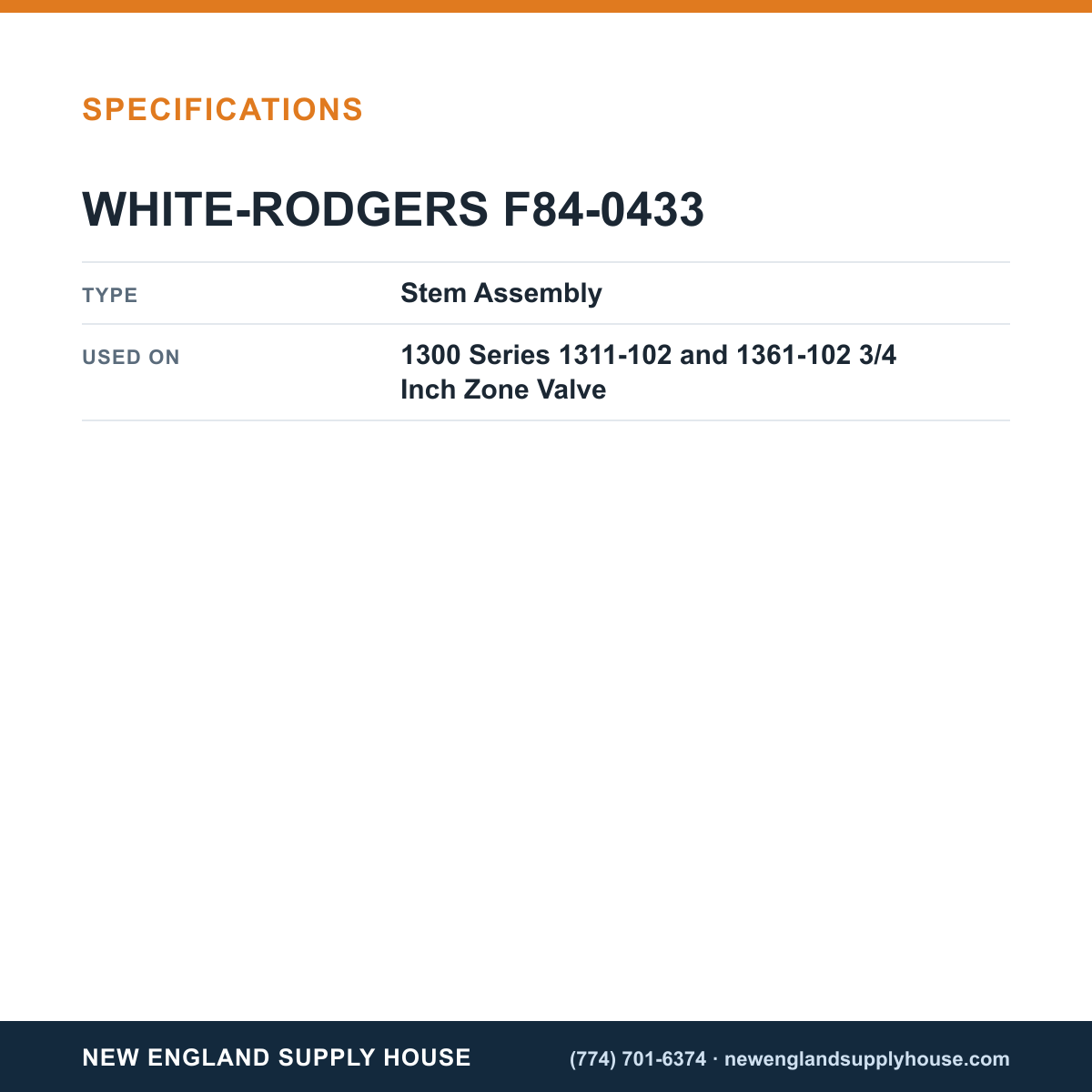 White-Rodgers F84-0433 Zone Valve Stem Assembly specifications — New England Supply House [NESH-SPECTABLE-V1]