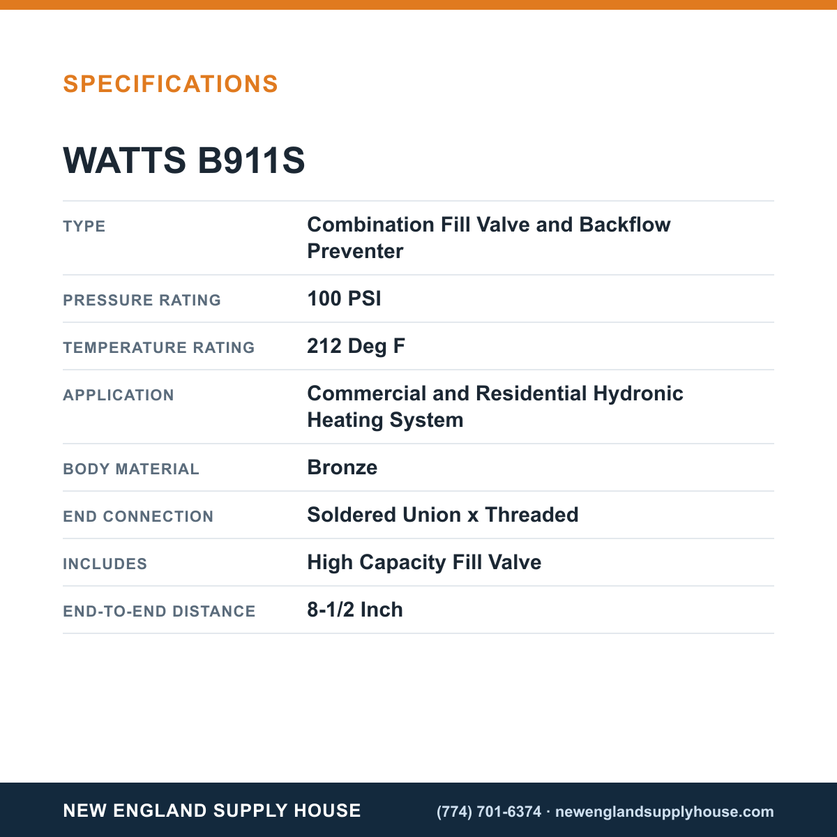 Watts B911S Boiler Combination Fill Valve and Backflow Preventer specifications — New England Supply House [NESH-SPECTABLE-V1]