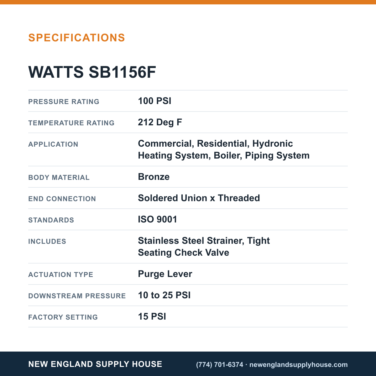 Watts SB1156F Feed Water Pressure Regulator specifications — New England Supply House [NESH-SPECTABLE-V1]