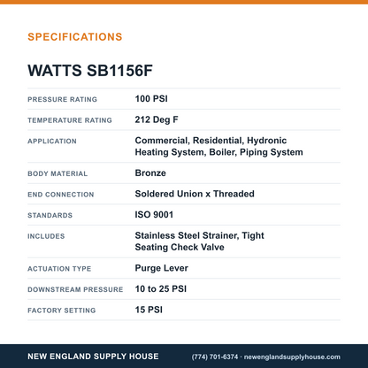 Watts SB1156F Feed Water Pressure Regulator specifications — New England Supply House [NESH-SPECTABLE-V1]