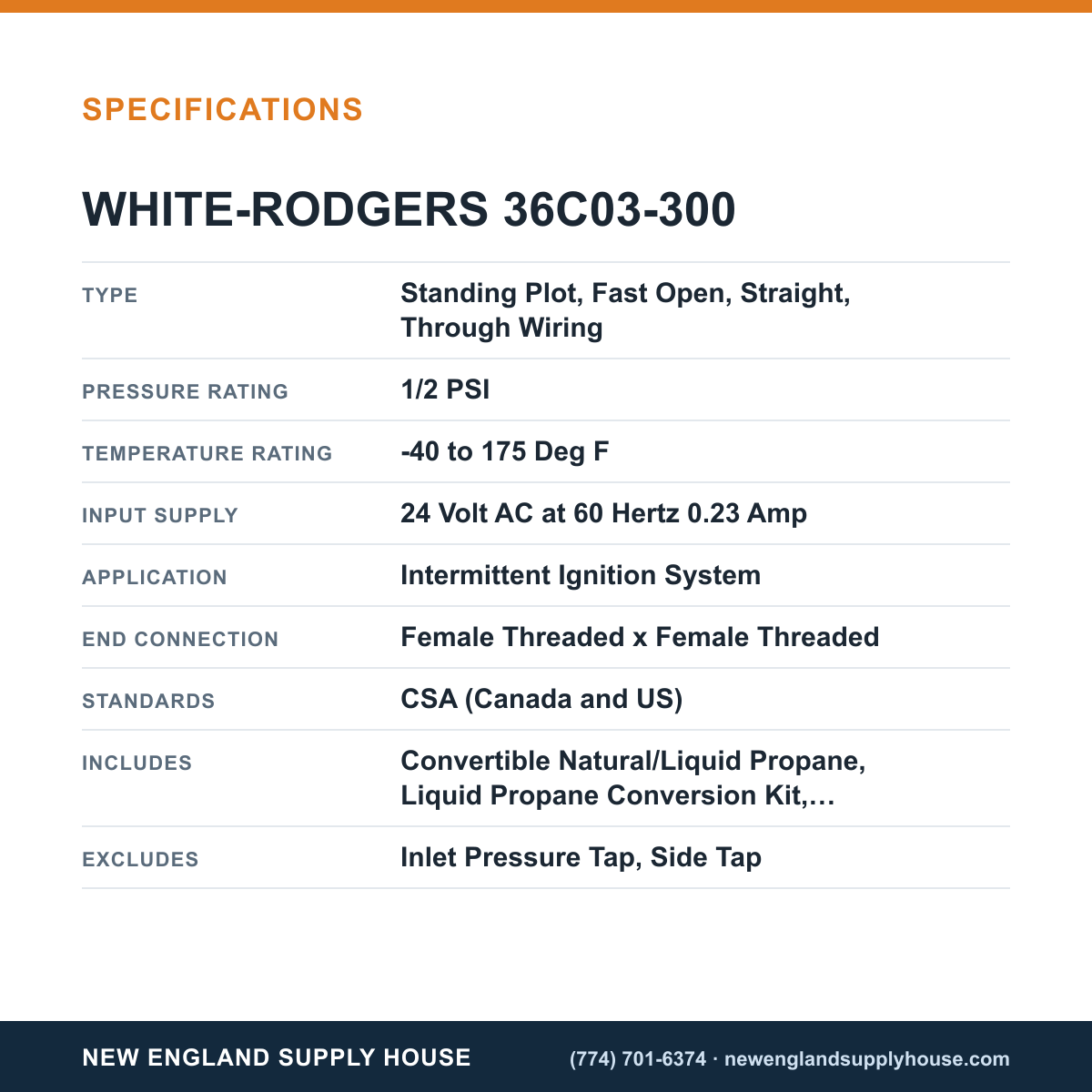 White-Rodgers 36C03-300 Gas Valve specifications — New England Supply House [NESH-SPECTABLE-V1]