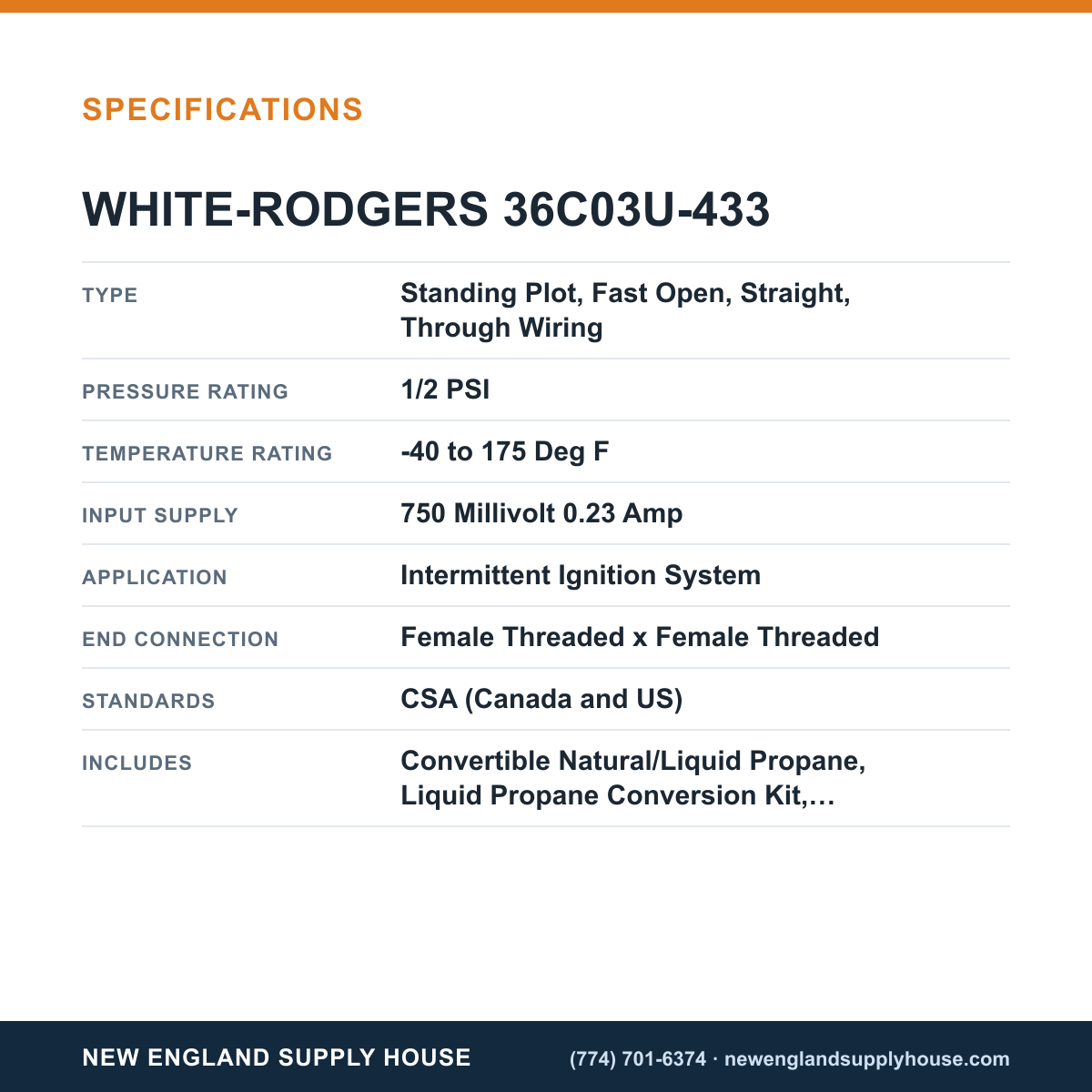 White-Rodgers 36C03U-433 Gas Valve specifications — New England Supply House [NESH-SPECTABLE-V1]