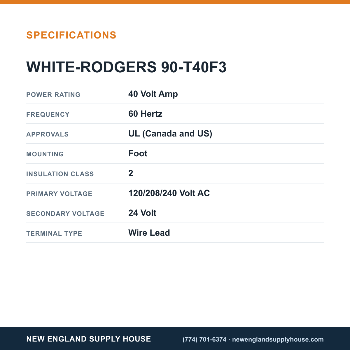 White-Rodgers 90-T40F3 Industrial Energy Limiting Transformer specifications — New England Supply House [NESH-SPECTABLE-V1]