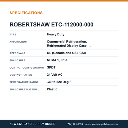 Robertshaw ETC-112000-000 Electronic Temperature Controller specifications — New England Supply House [NESH-SPECTABLE-V1]