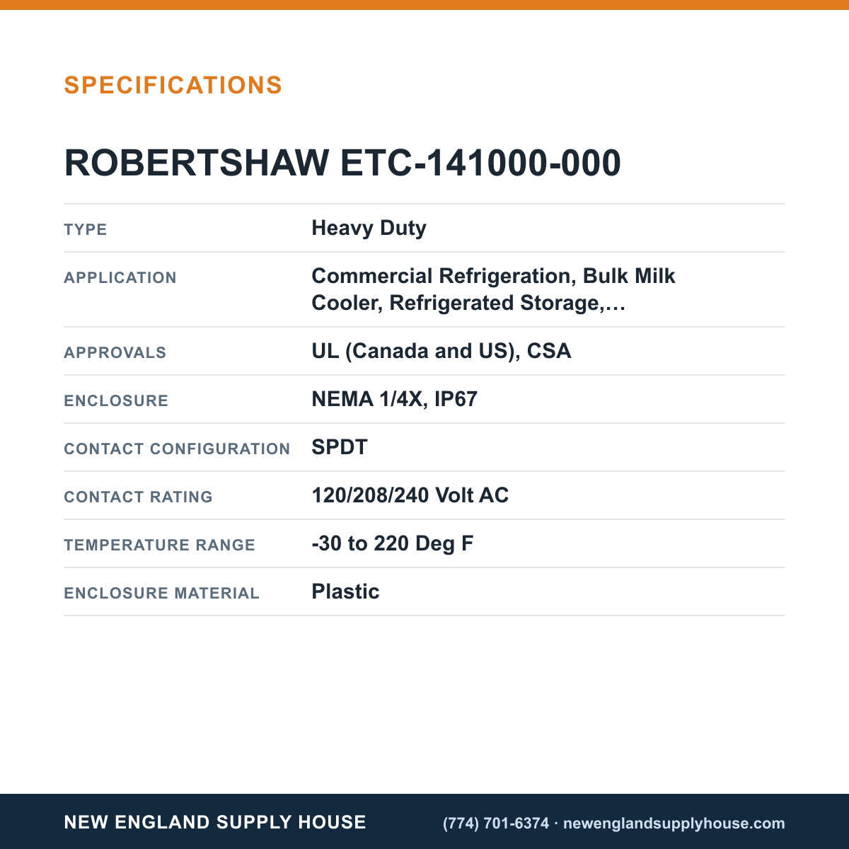Robertshaw ETC-141000-000 Electronic Temperature Controller specifications — New England Supply House [NESH-SPECTABLE-V1]