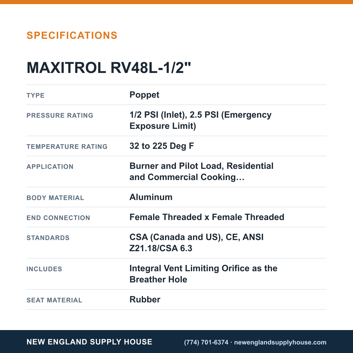 Maxitrol RV48L-1/2" Gas Pressure Regulator specifications — New England Supply House [NESH-SPECTABLE-V1]