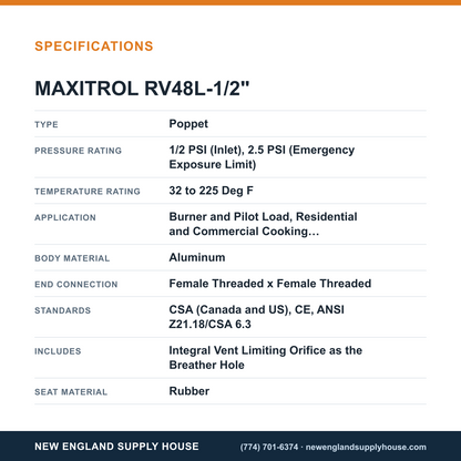 Maxitrol RV48L-1/2" Gas Pressure Regulator specifications — New England Supply House [NESH-SPECTABLE-V1]