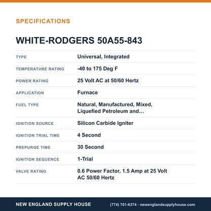 White-Rodgers 50A55-843 Ignition Furnace Control Kit specifications — New England Supply House [NESH-SPECTABLE-V1]