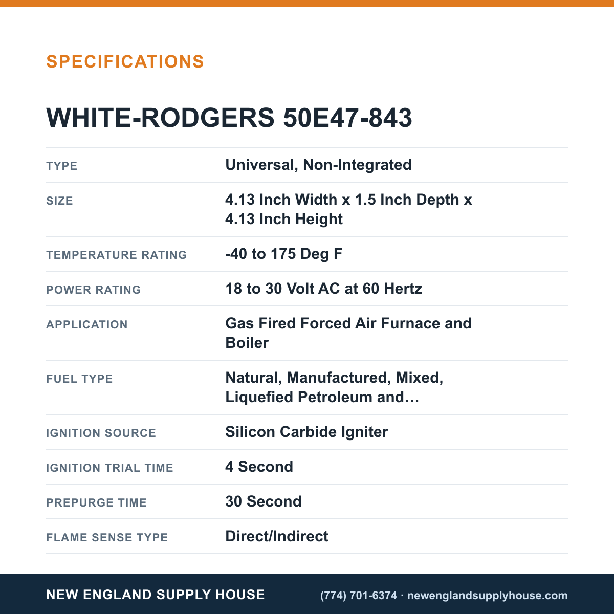 White-Rodgers 50E47-843 Ignition Furnace Module Kit specifications — New England Supply House [NESH-SPECTABLE-V1]