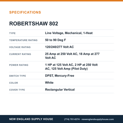 Robertshaw 802 Thermostat specifications — New England Supply House [NESH-SPECTABLE-V1]