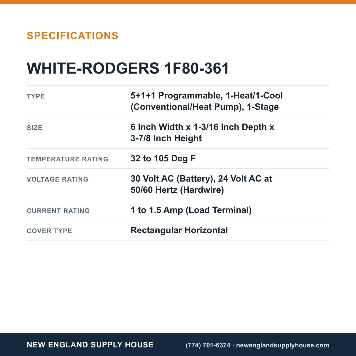 White-Rodgers 1F80-361 Thermostat specifications — New England Supply House [NESH-SPECTABLE-V1]