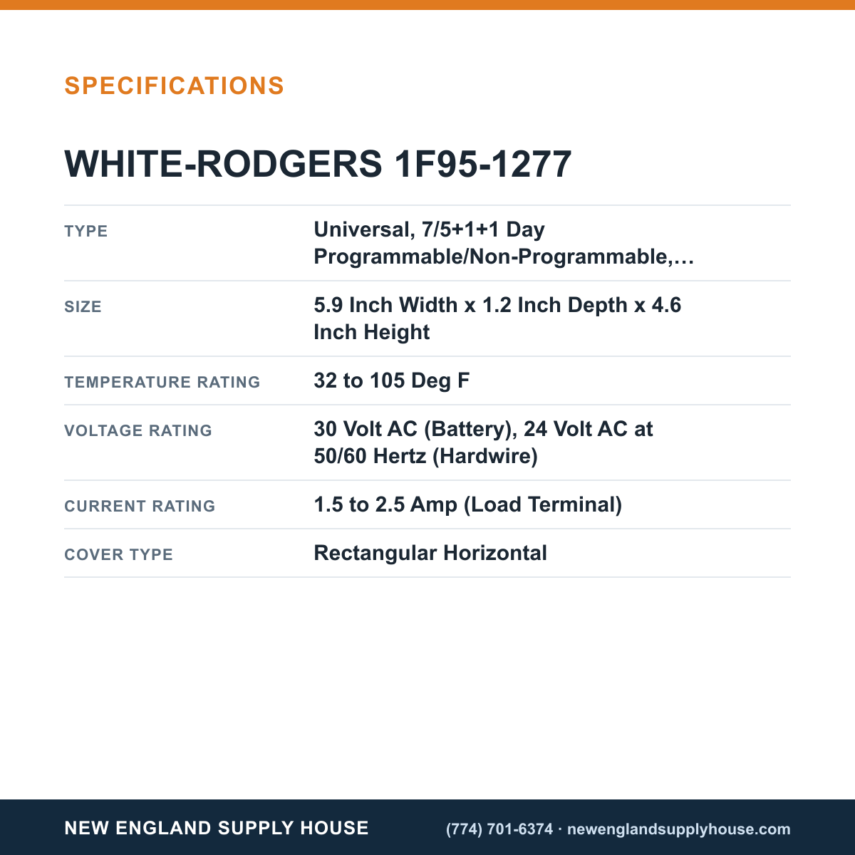 White-Rodgers 1F95-1277 Thermostat specifications — New England Supply House [NESH-SPECTABLE-V1]