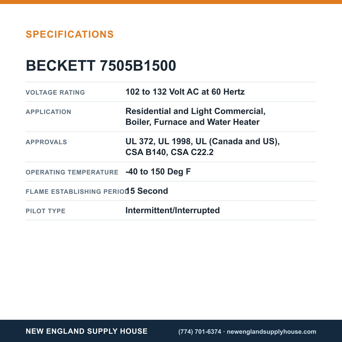 Beckett 7505B1500 Oil Burner Control specifications — New England Supply House [NESH-SPECTABLE-V1]