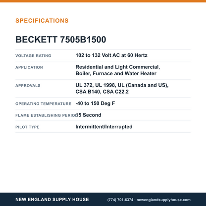 Beckett 7505B1500 Oil Burner Control specifications — New England Supply House [NESH-SPECTABLE-V1]