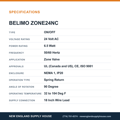 Belimo ZONE24NC Zone Valve Actuator specifications — New England Supply House [NESH-SPECTABLE-V1]