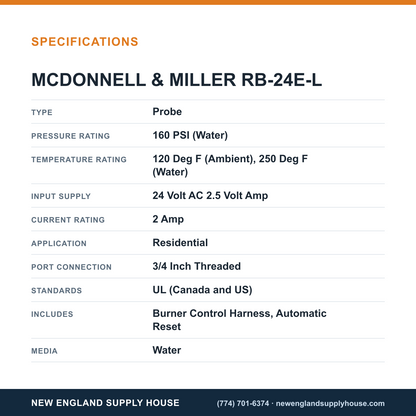 McDonnell & Miller RB-24E-L Boiler Low Water Cut-Off specifications — New England Supply House [NESH-SPECTABLE-V1]