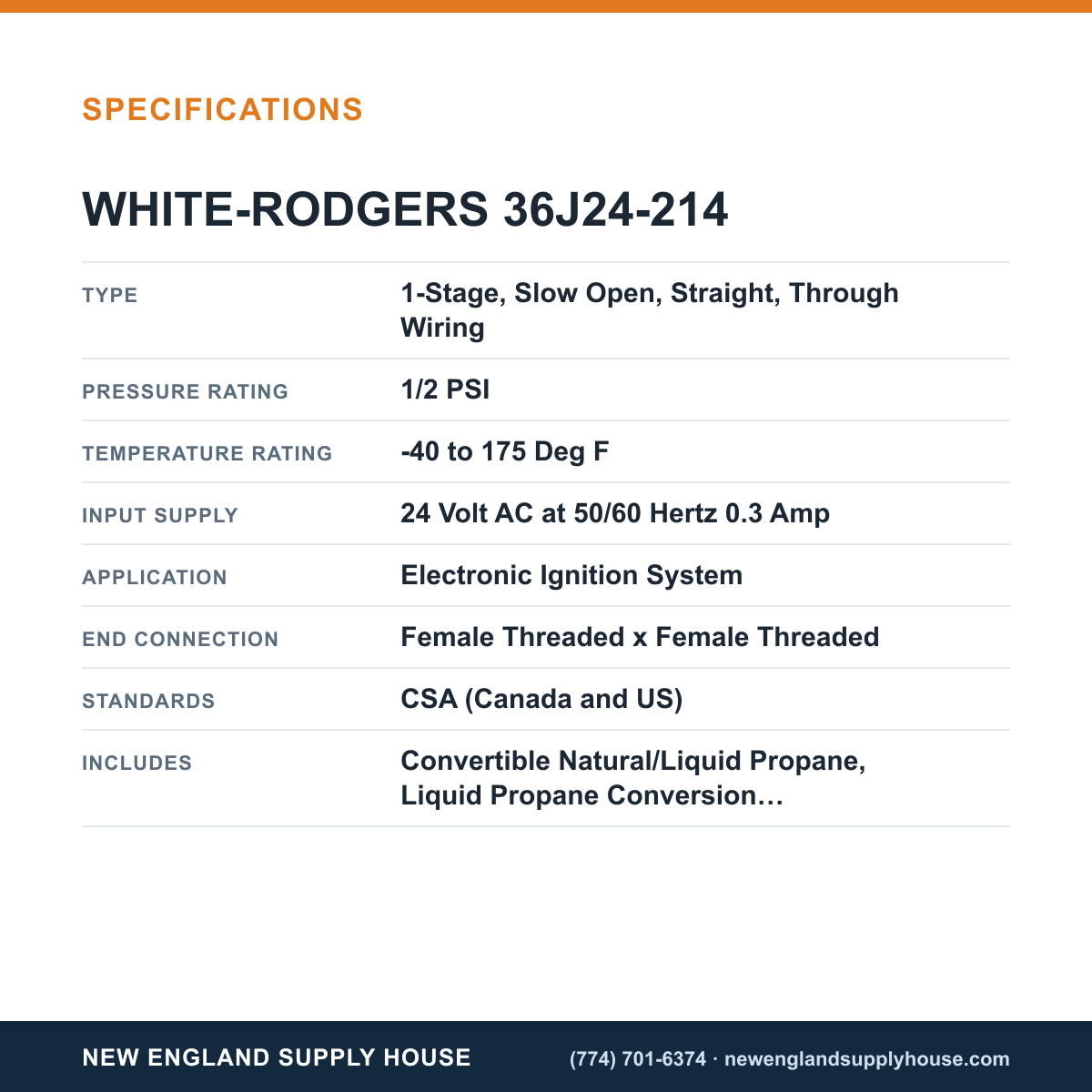White-Rodgers 36J24-214 Electronic Ignition Gas Valve specifications — New England Supply House [NESH-SPECTABLE-V1]