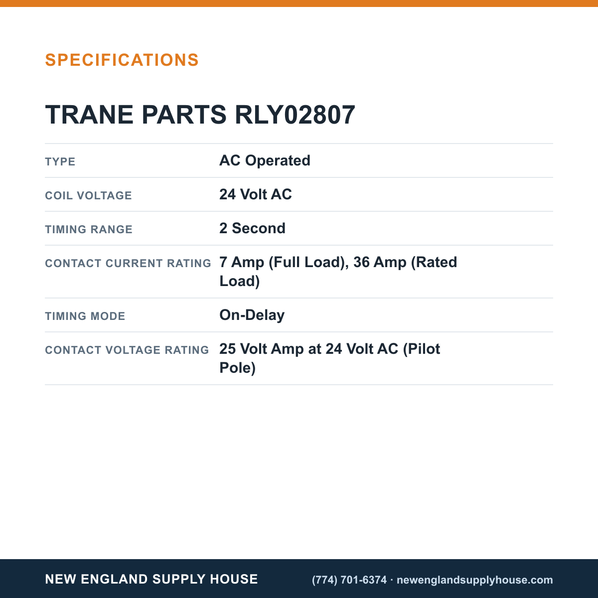 Trane Parts RLY02807 Time Delay Relay specifications — New England Supply House [NESH-SPECTABLE-V1]