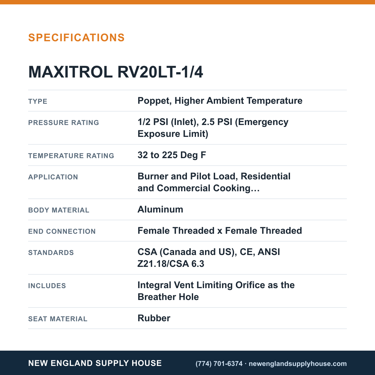 Maxitrol RV20LT-1/4 Gas Pressure Regulator specifications — New England Supply House [NESH-SPECTABLE-V1]