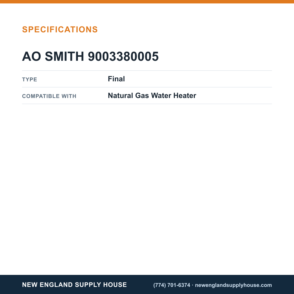 AO Smith 9003380005 Water Heater Burner Assembly Kit specifications — New England Supply House [NESH-SPECTABLE-V1]