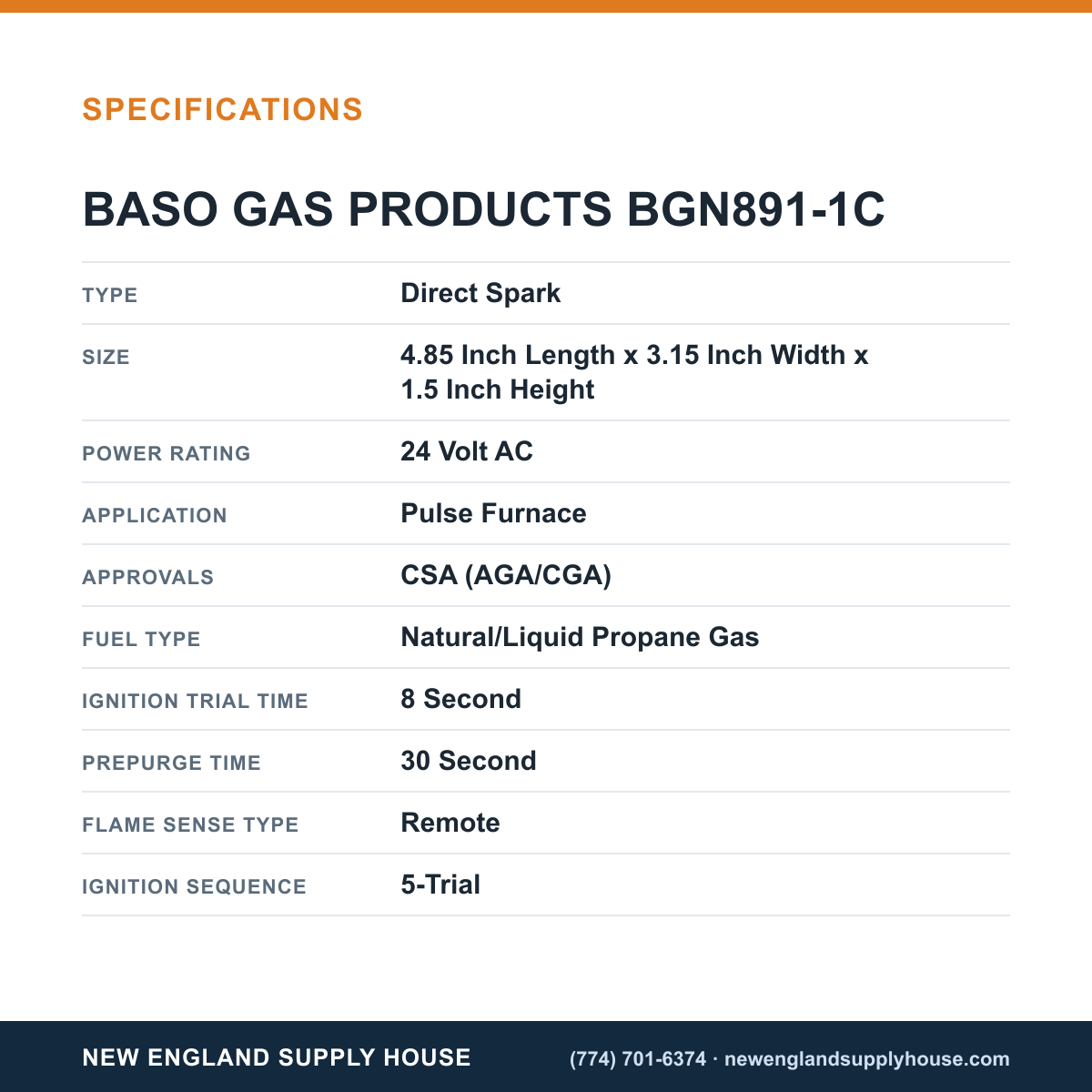 Baso Gas Products BGN891-1C Pulse Furnace Direct Spark Ignition Control specifications — New England Supply House [NESH-SPECTABLE-V1]