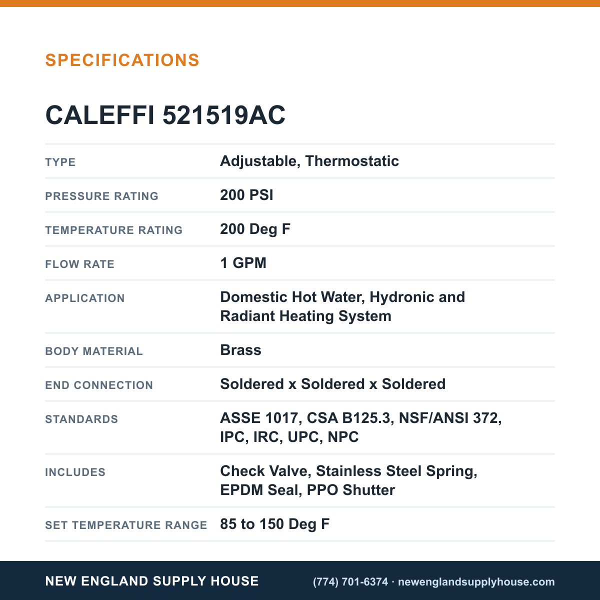 Caleffi 521519AC Thermostatic and Pressure Balanced Mixing Valve specifications — New England Supply House [NESH-SPECTABLE-V1]