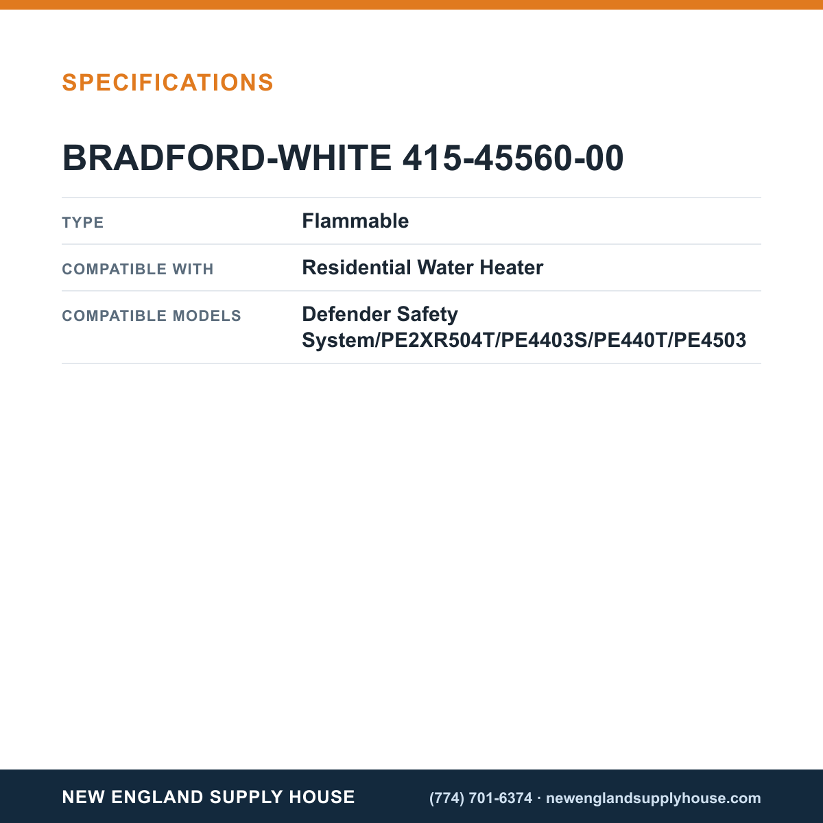 Bradford White 415-45560-00 Water Heater Vapor Sensor specifications — New England Supply House [NESH-SPECTABLE-V1]