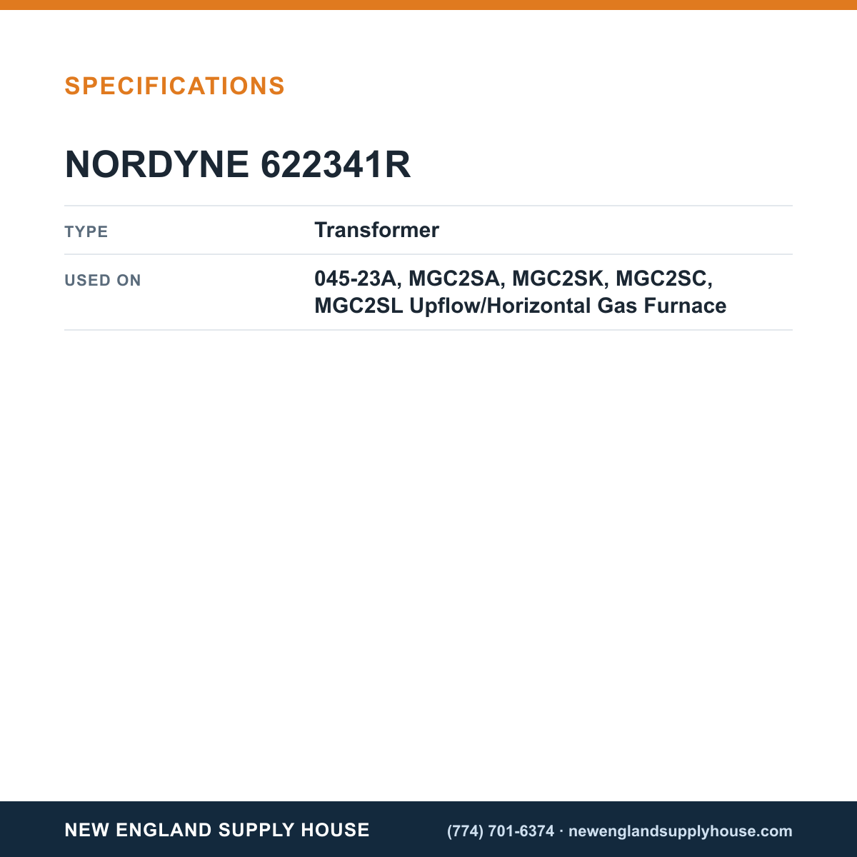 Nordyne 622341R Gas Furnace Transformer specifications — New England Supply House [NESH-SPECTABLE-V1]