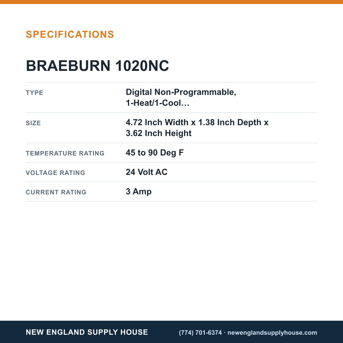 Braeburn 1020NC Thermostat specifications — New England Supply House [NESH-SPECTABLE-V1]