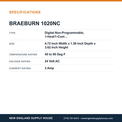 Braeburn 1020NC Thermostat specifications — New England Supply House [NESH-SPECTABLE-V1]