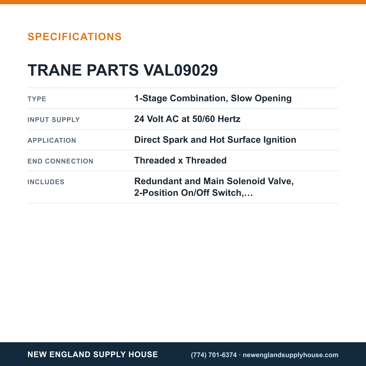 Trane Parts VAL09029 Gas Valve specifications — New England Supply House [NESH-SPECTABLE-V1]