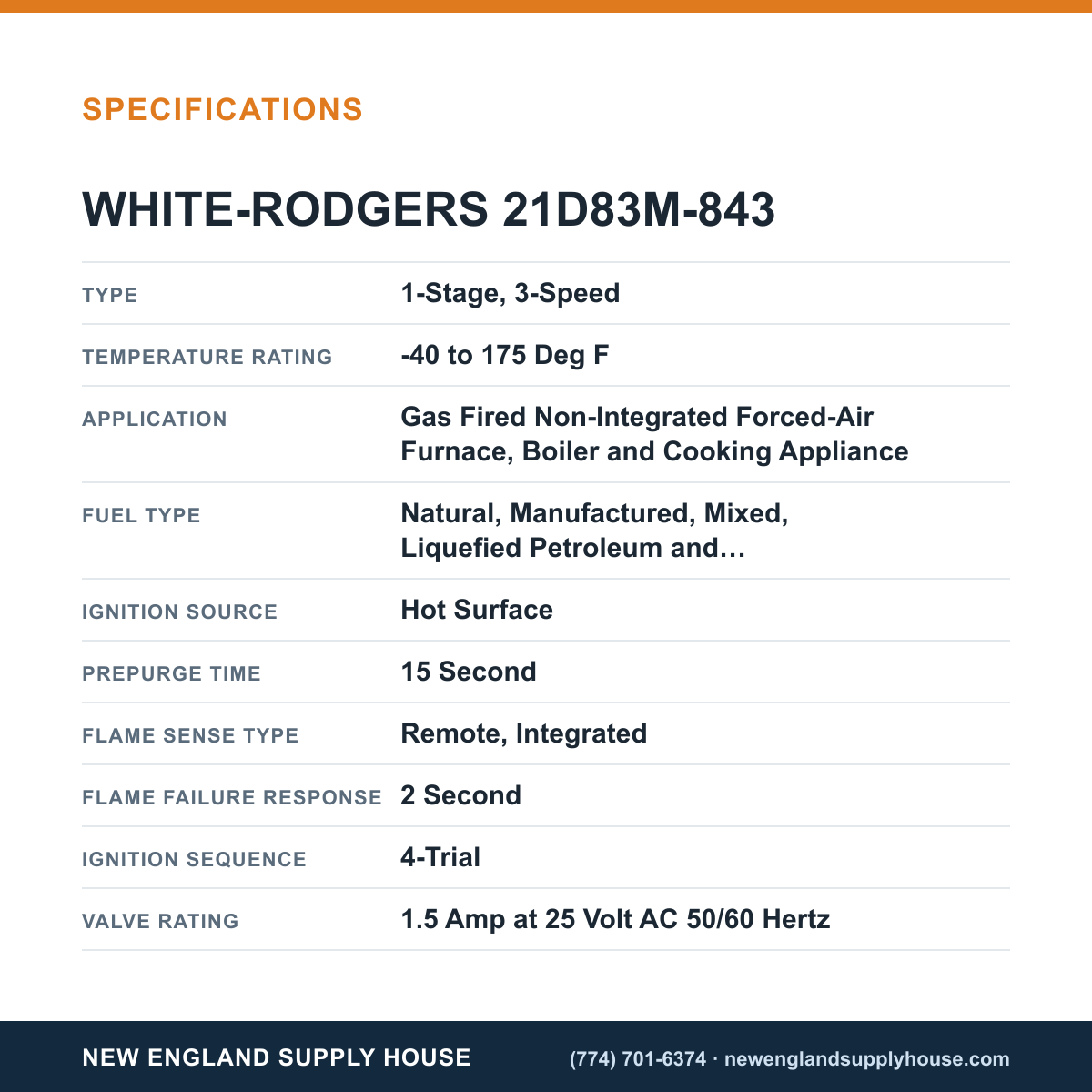 White-Rodgers 21D83M-843 Ignition Furnace Control Kit specifications — New England Supply House [NESH-SPECTABLE-V1]