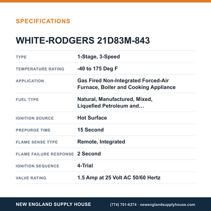 White-Rodgers 21D83M-843 Ignition Furnace Control Kit specifications — New England Supply House [NESH-SPECTABLE-V1]