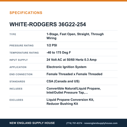 White-Rodgers 36G22-254 Combination Gas Valve specifications — New England Supply House [NESH-SPECTABLE-V1]