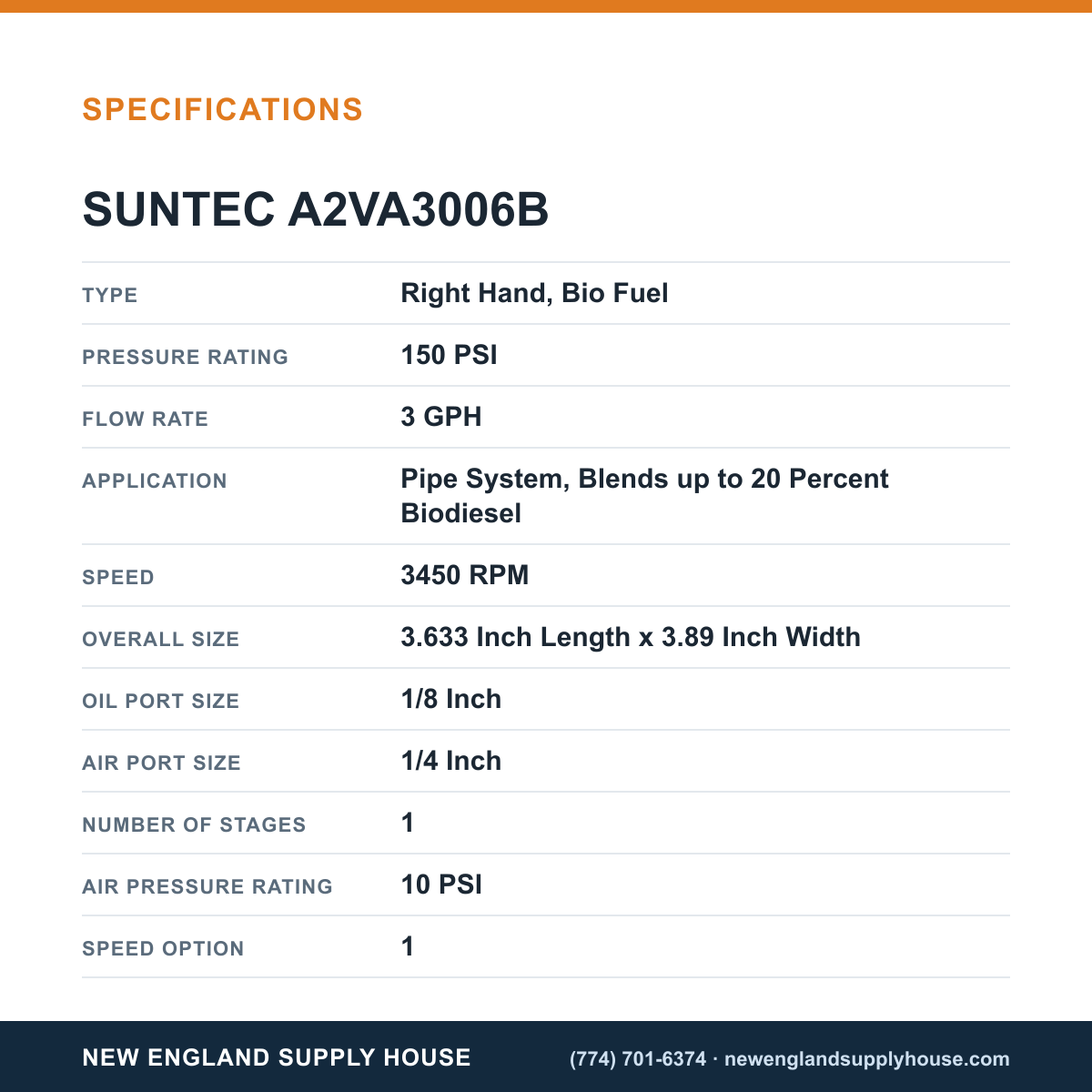 SunTec A2VA3006B Fuel Pump specifications — New England Supply House [NESH-SPECTABLE-V1]