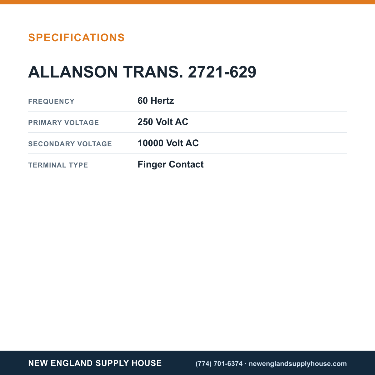 Allanson Transformers 2721-629 Gas Transformer specifications — New England Supply House [NESH-SPECTABLE-V1]