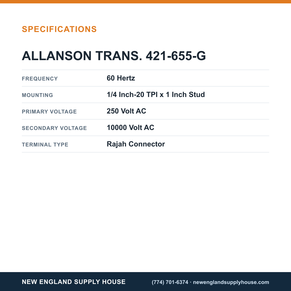 Allanson Transformers 421-655-G Gas Transformer specifications — New England Supply House [NESH-SPECTABLE-V1]