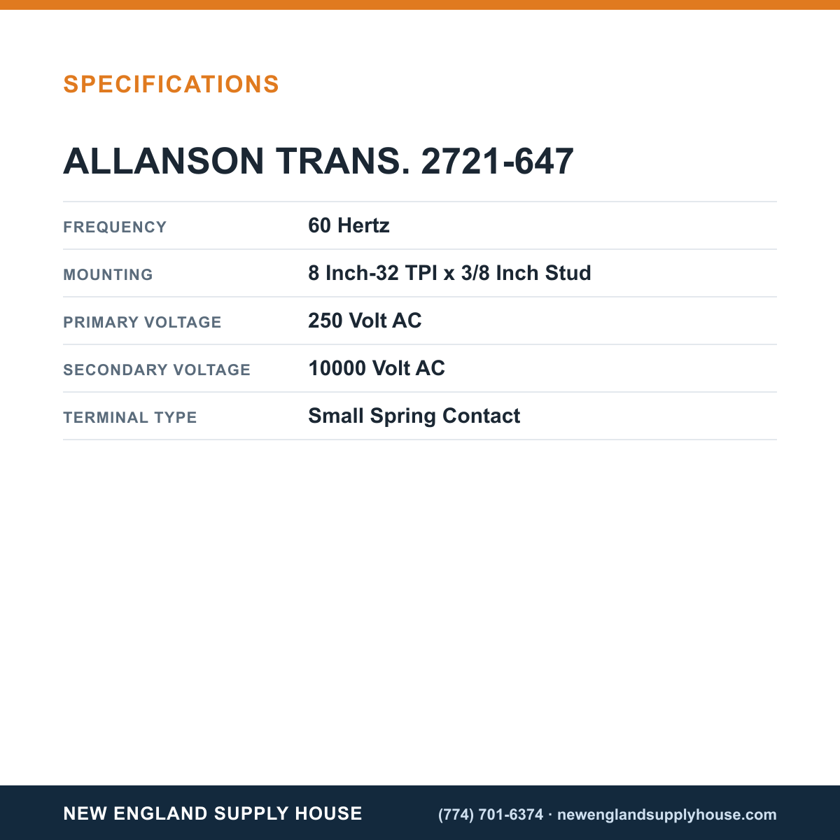 Allanson Transformers 2721-647 Gas Transformer specifications — New England Supply House [NESH-SPECTABLE-V1]