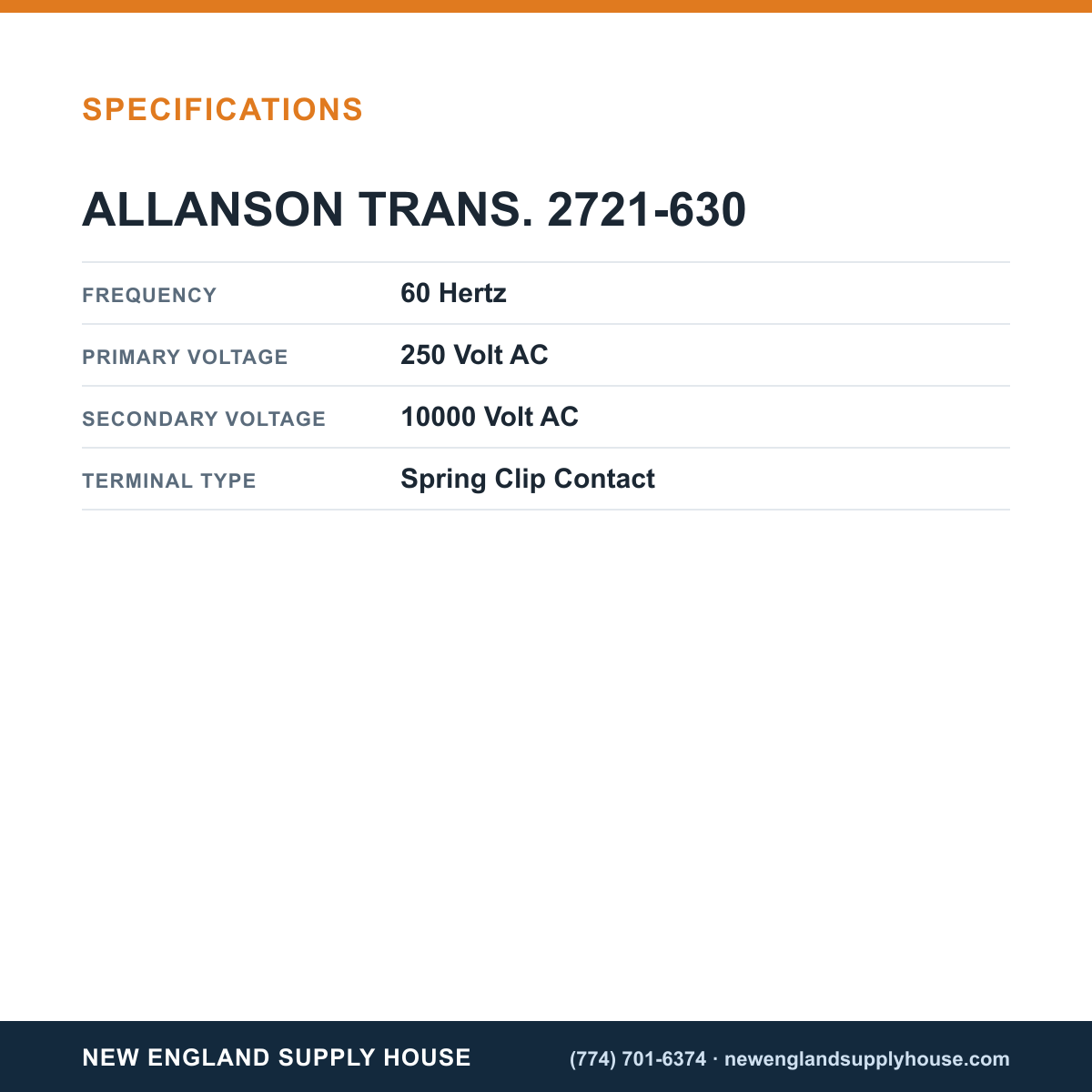 Allanson Transformers 2721-630 Gas Transformer specifications — New England Supply House [NESH-SPECTABLE-V1]