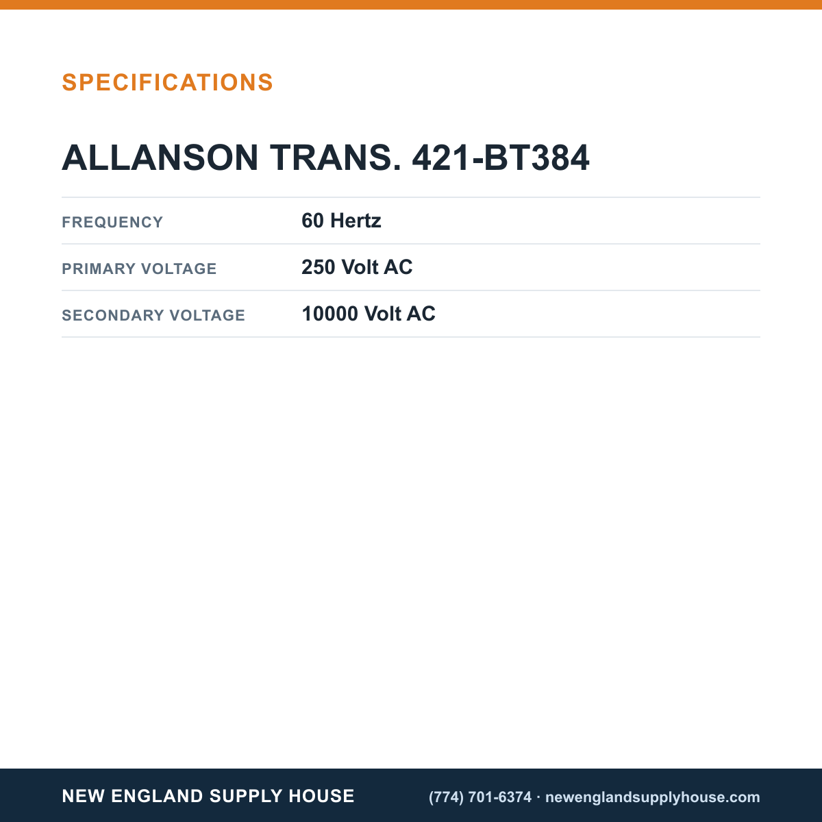 Allanson Transformers 421-BT384 Gas Transformer specifications — New England Supply House [NESH-SPECTABLE-V1]