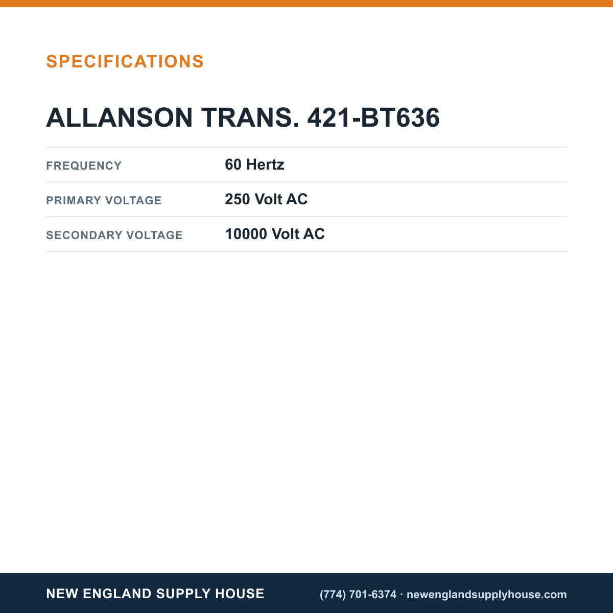 Allanson Transformers 421-BT636 Gas Transformer specifications — New England Supply House [NESH-SPECTABLE-V1]